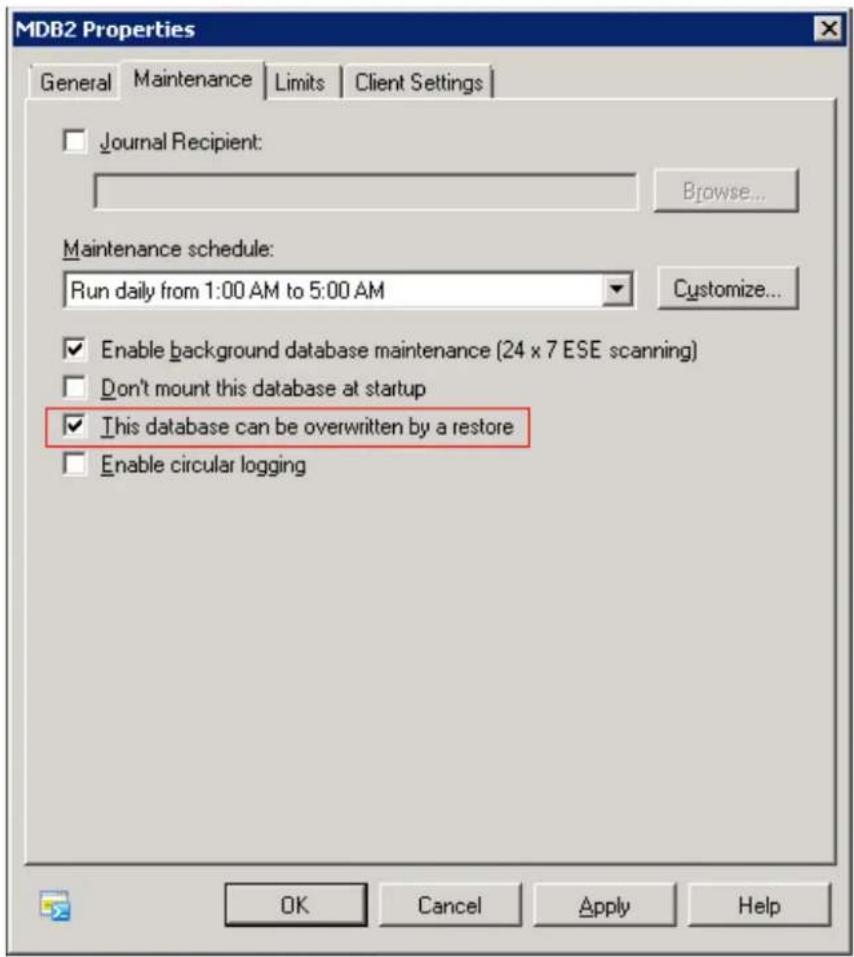 MDB2 Properties General Maintenance Limits Client Settings Journal Recipient: Browse... Maintenance schedule: Run daily from 1:00 AM to 5:00 AM Customize... Enable background database maintenance (24 x 7 ESE scanning) Don't mount this database at startup This database can be overwritten by a restore Enable circular logging OK Cancel Apply Help