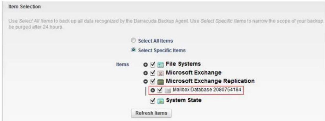 Item Selection Use Select All Items to back up all data recognized by the Barracuda Backup Agent. Use Select Specific Items to narrow the scope of your backup. be purged after 24 hours. Select All Items Select Specific Items Items ✓ File Systems ✓ Microsoft Exchange ✓ Microsoft Exchange Replication ✓ Mailbox Database 2080754184 ✓ System State Refresh Items