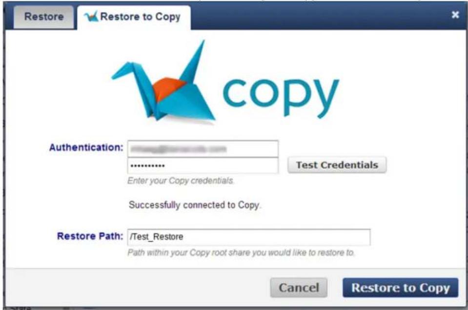Restore Restore to Copy Copy Authentication: .......... Enter your Copy credentials. Test Credentials Successfully connected to Copy. Restore Path: /Test_Restore Path within your Copy root share you would like to restore to. Cancel Restore to Copy