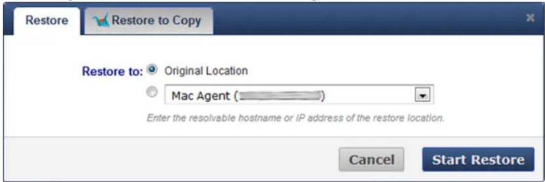 Restore Restore to: Original Location Mac Agent ( ____) Enter the resolvable hostname or IP address of the restore location. Cancel Start Restore