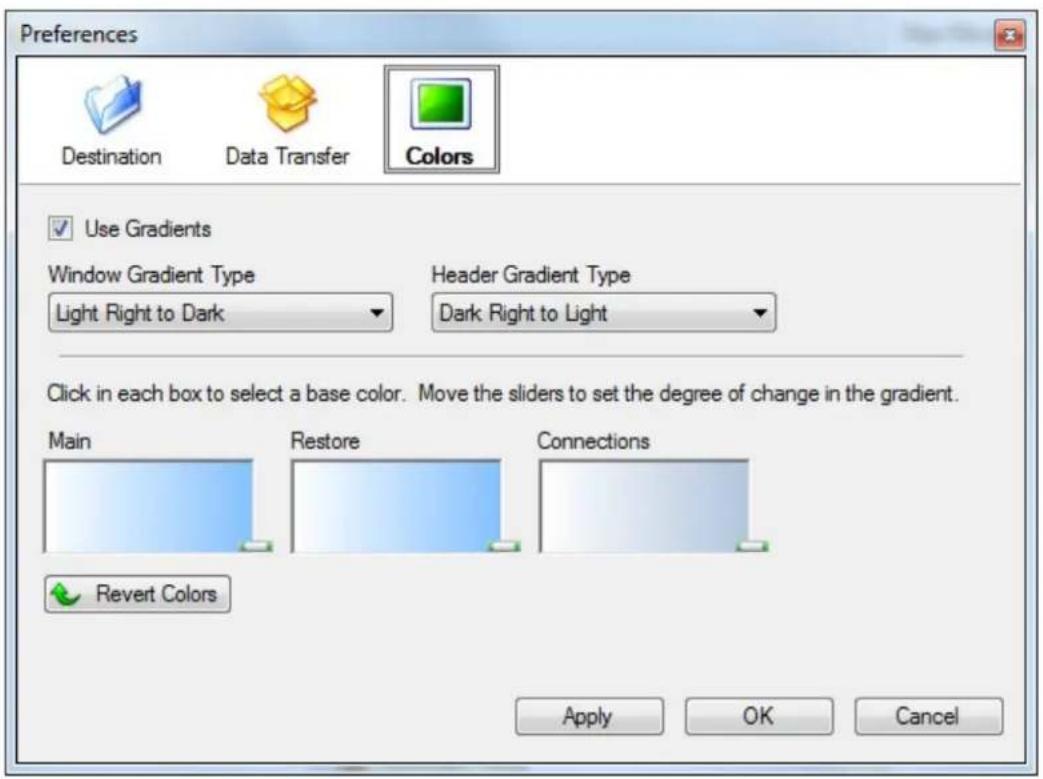 Preferences Destination Data Transfer Colors ✓ Use Gradients Window Gradient Type Header Gradient Type Light Right to Dark Dark Right to Light Click in each box to select a base color. Move the sliders to set the degree of change in the gradient. Main Restore Connections Revert Colors Apply OK Cancel