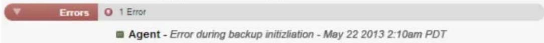 Errors 1 Error ■ Agent - Error during backup initziation - May 22 2013 2:10am PDT