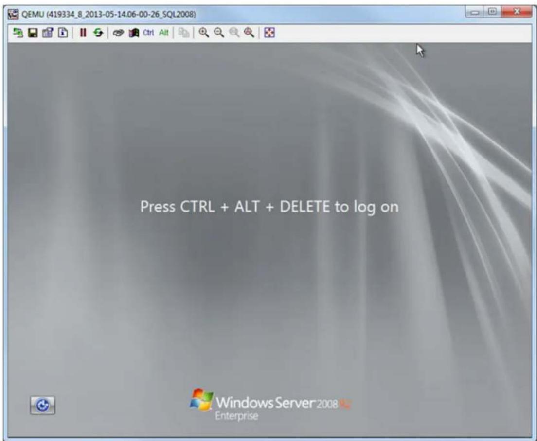 QEMU (419334_8_2013-05-14.06-00-26_SQL2008) Press CTRL + ALT + DELETE to log on Windows Server 2008 Enterprise