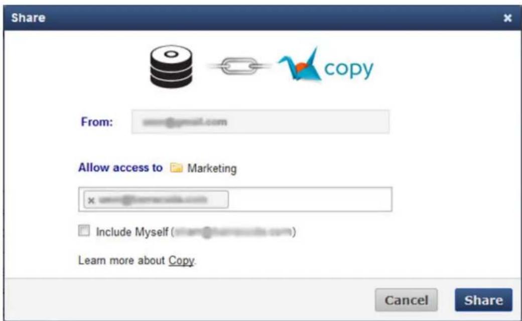 Share From: email.com Allow access to Marketing x:email@email.com Include Myself (email@email.com) Learn more about Copy. Cancel Share