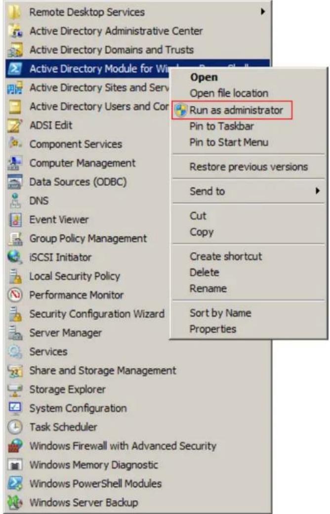 Remote Desktop Services Active Directory Administrative Center Active Directory Domains and Trusts Active Directory Module for Windows Active Directory Sites and Serv Active Directory Users and Com ADSI Edit Component Services Computer Management Data Sources (ODBC) DNS Event Viewer Group Policy Management iSCSI Initiator Local Security Policy Performance Monitor Security Configuration Wizard Server Manager Services Share and Storage Management Storage Explorer System Configuration Task Scheduler Windows Firewall with Advanced Security Windows Memory Diagnostic Windows PowerShell Modules Windows Server Backup Open Open file location Run as administrator Pin to Taskbar Pin to Start Menu Restore previous versions Send to Cut Copy Create shortcut Delete Rename Sort by Name Properties