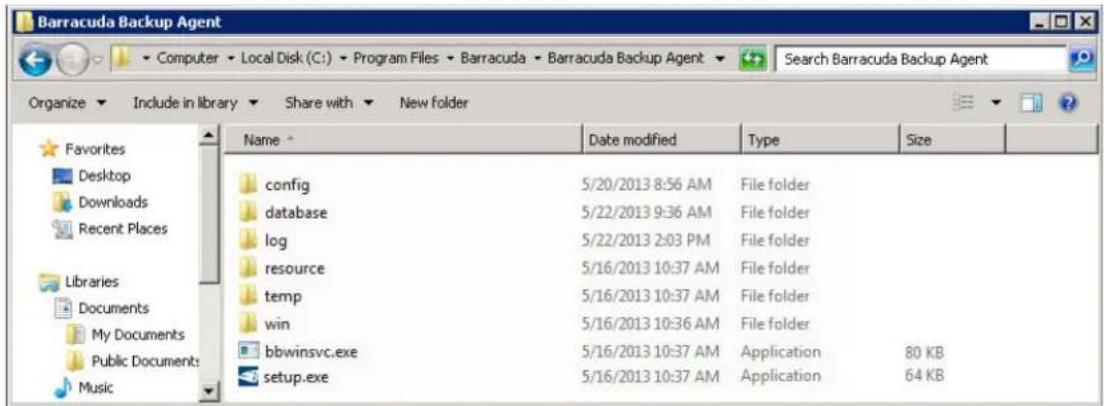 Barracuda Backup Agent Computer > Local Disk (C:) > Program Files > Barracuda > Barracuda Backup Agent Search Barracuda Backup Agent Organize > Include in library > Share with > New folder Favorites Desktop Downloads Recent Places Libraries Documents My Documents Public Documents Music Name Date modified Type Size config 5/20/2013 8:56 AM File folder database 5/22/2013 9:36 AM File folder log 5/22/2013 2:03 PM File folder resource 5/16/2013 10:37 AM File folder temp 5/16/2013 10:37 AM File folder win 5/16/2013 10:36 AM File folder bbwinsvc.exe 5/16/2013 10:37 AM Application 80 KB setup.exe 5/16/2013 10:37 AM Application 64 KB