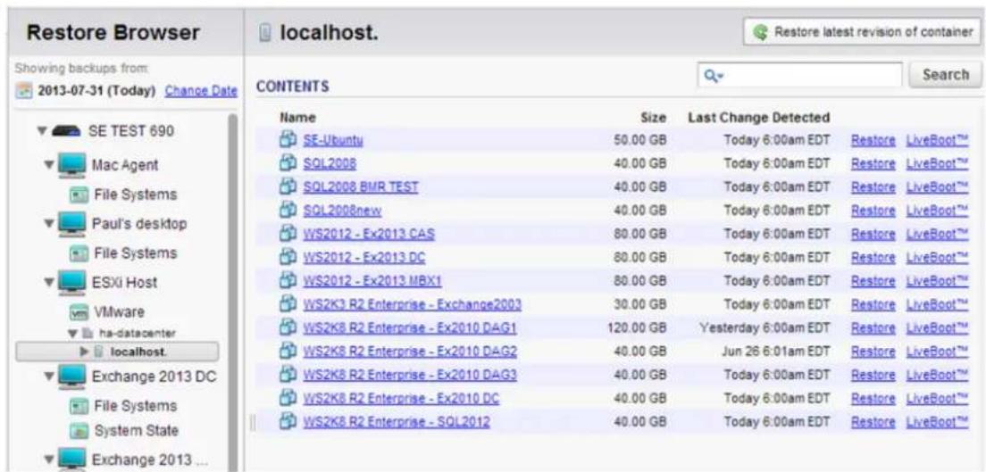 Restore Browser localhost. showing backups from: 2013-07-31 (Today) Change Date CONTENTS Name Size Last Change Detected SE-Ubuntu 50.00 GB Today 6:00am EDT Restore LiveBoot™ SQL2008 40.00 GB Today 6:00am EDT Restore LiveBoot™ SQL2008 BMR TEST 40.00 GB Today 6:00am EDT Restore LiveBoot™ SQL2008new 40.00 GB Today 6:00am EDT Restore LiveBoot™ WS2012 - Ex2013 CAS 80.00 GB Today 6:00am EDT Restore LiveBoot™ WS2012 - Ex2013 DC 80.00 GB Today 6:00am EDT Restore LiveBoot™ WS2012 - Ex2013 MBX1 80.00 GB Today 6:00am EDT Restore LiveBoot™ WS2K3 R2 Enterprise - Exchange2003 30.00 GB Today 6:00am EDT Restore LiveBoot™ WS2K3 R2 Enterprise - Ex2010 DAG1 120.00 GB Yesterday 6:00am EDT Restore LiveBoot™ WS2K3 R2 Enterprise - Ex2010 DAG2 40.00 GB Jun 26 6:01am EDT Restore LiveBoot™ WS2K3 R2 Enterprise - Ex2010 DAG3 40.00 GB Today 6:00am EDT Restore LiveBoot™ WS2K3 R2 Enterprise - Ex2010 DC 40.00 GB Today 6:00am EDT Restore LiveBoot™ WS2K3 R2 Enterprise - SQL2012 40.00 GB Today 6:00am EDT Restore LiveBoot™