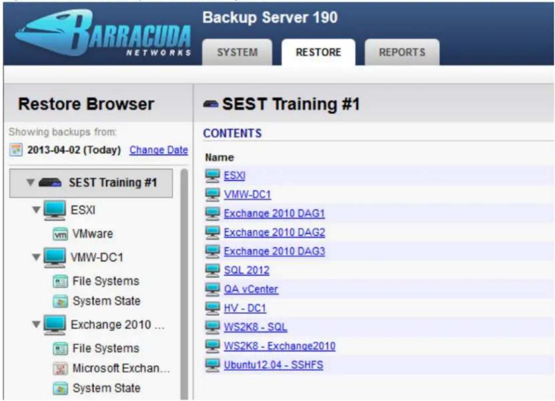 Backup Server 190 SYSTEM RESTORE REPORTS Restore Browser Showing backups from: 2013-04-02 (Today) Change Date SEST Training #1 ESXI VMware VMW-DC1 File Systems System State Exchange 2010 ... File Systems Microsoft Exchan... System State SEST Training #1 CONTENTS Name ESXI VMW-DC1 Exchange 2010 DAG1 Exchange 2010 DAG2 Exchange 2010 DAG3 SQL 2012 QA vCenter HV - DC1 WS2K8 - SQL WS2K8 - Exchange2010 Ubuntu12.04 - SSHFS