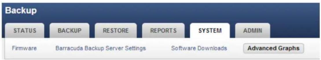 Backup STATUS BACKUP RESTORE REPORTS SYSTEM ADMIN Firmware Barracuda Backup Server Settings Software Downloads Advanced Graphs