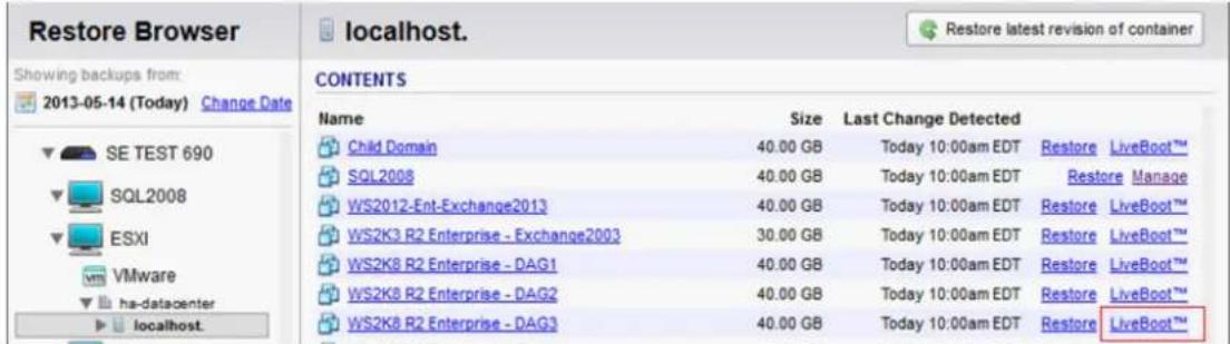 Restore Browser showing backups from: 2013-05-14 (Today) Change Date SE TEST 690 SQL2008 ESXI VMware ha-datacenter localhost. CONTENTS Name Size Last Change Detected Child Domain 40.00 GB Today 10:00am EDT Restore LiveBoot™ SQL2008 40.00 GB Today 10:00am EDT Restore Manage WS2012-Ent-Exchange2013 40.00 GB Today 10:00am EDT Restore LiveBoot™ WS2K3 R2 Enterprise - Exchange2003 30.00 GB Today 10:00am EDT Restore LiveBoot™ WS2K8 R2 Enterprise - DAG1 40.00 GB Today 10:00am EDT Restore LiveBoot™ WS2K8 R2 Enterprise - DAG2 40.00 GB Today 10:00am EDT Restore LiveBoot™ WS2K8 R2 Enterprise - DAG3 40.00 GB Today 10:00am EDT Restore LiveBoot™
