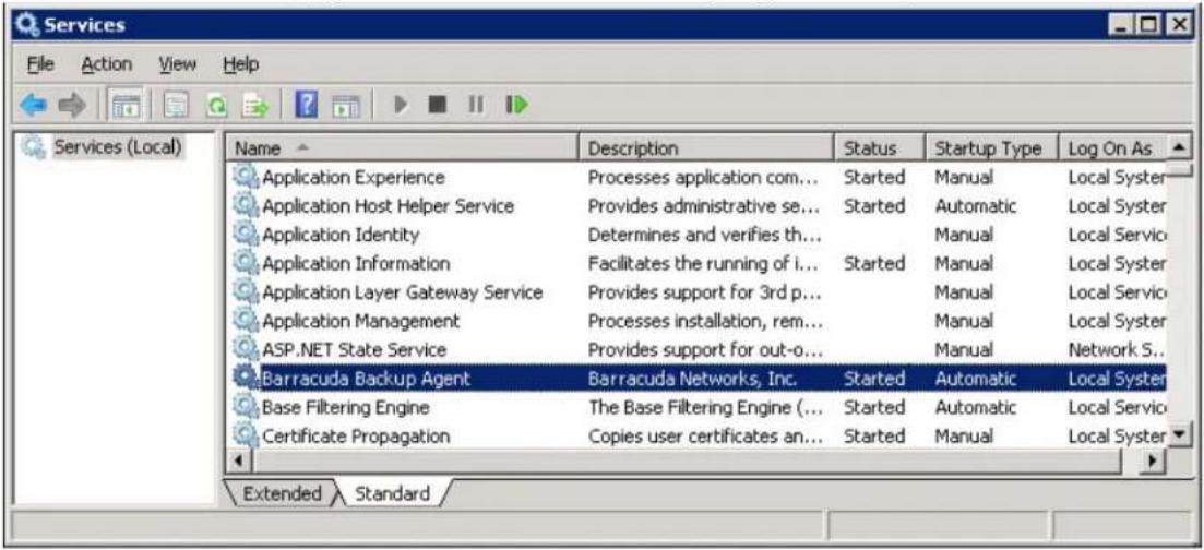 Services File Action View Help Services (Local) Name Description Status Startup Type Log On As Application Experience Processes application com... Started Manual Local Syster Application Host Helper Service Provides administrative se... Started Automatic Local Syster Application Identity Determines and verifies th... Manual Local Servio Application Information Facilitates the running of i... Started Manual Local Syster Application Layer Gateway Service Provides support for 3rd p... Manual Local Servio Application Management Processes installation, rem... Manual Local Syster ASP.NET State Service Provides support for out-o... Manual Network S.. Barracuda Backup Agent Barracuda Networks, Inc. Started Automatic Local Syster Base Filtering Engine The Base Filtering Engine (... Started Automatic Local Servio Certificate Propagation Copies user certificates an... Started Manual Local Syster Extended Standard