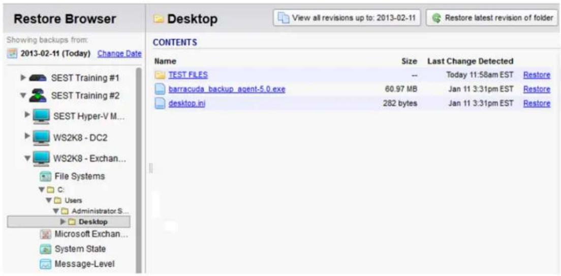Restore Browser View all revisions up to: 2013-02-11 Restore latest revision of folder Showing backups from: 2013-02-11 (Today) Change Date CONTENTS Name Size Last Change Detected TEST FILES -- Today 11:58am EST Restore barracuda_backup_agent-5.0.exe 60.97 MB Jan 11 3:31pm EST Restore desktop.ini 282 bytes Jan 11 3:31pm EST Restore SEST Training #1 SEST Training #2 SEST Hyper-V M... WS2K8 - DC2 WS2K8 - Exchan... File Systems C: Users Administrator S... Desktop Microsoft Exchan... System State Message-Level
