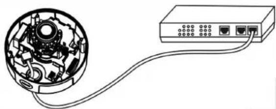 Diagram of a device with a circular housing connected to a network switch (no text or symbols visible)