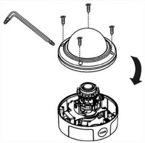 Technical diagram showing assembly of a mechanical component with threaded rod and housing, no text or symbols present
