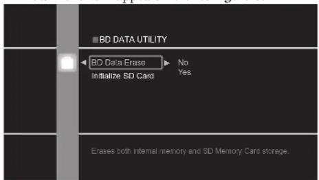 BD DATA UTILITY BD Data Erase No Initialize SD Card Yes Erases both internal memory and SD Memory Card storage.
