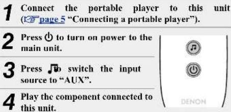 1 Connect the portable player to this unit (←page 5 "Connecting a portable player"). 2 Press ⏻ to turn on power to the main unit. 3 Press ⏱ to switch the input source to "AUX". 4 Play the component connected to this unit.