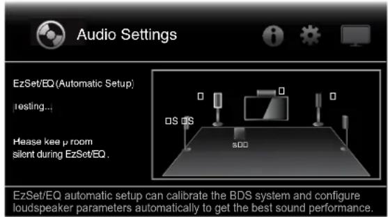 Audio Settings EzSet/EQ (Automatic Setup) testing... Please kee p room silent during EzSet/EQ. EzSet/EQ automatic setup can calibrate the BDS system and configure loudspeaker parameters automatically to get the best sound performance.