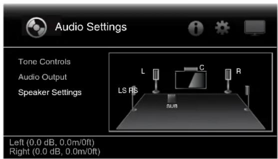Audio Settings Tone Controls Audio Output Speaker Settings L C R LS RS SUB Left (0.0 dB, 0.0m/0ft) Right (0.0 dB, 0.0m/0ft)