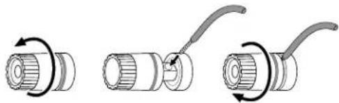 Three-step diagram showing a cylindrical connector being inserted into a ring, with curved arrows indicating rotation (no text or symbols)