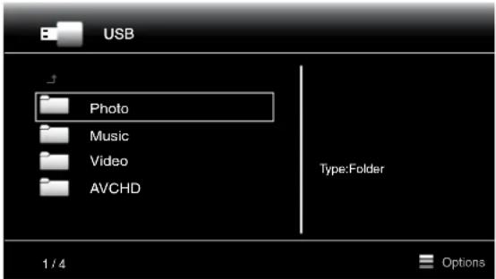 USB Photo Music Video AVCHD Type:Folder 1 / 4 Options
