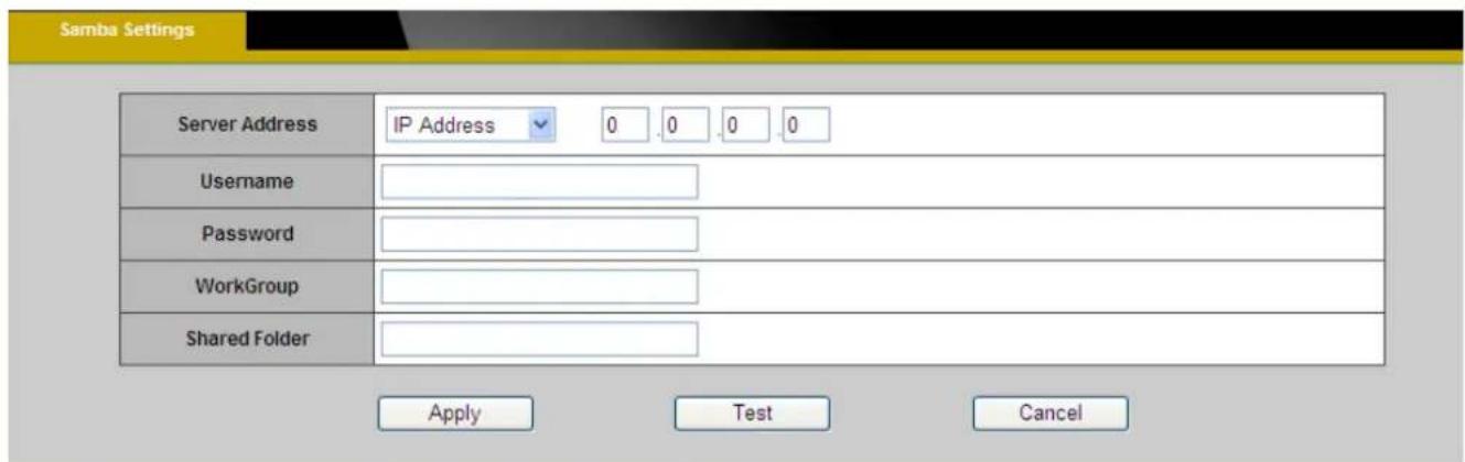 Samba Settings Server Address IP Address 0 0 0 0 Username Password WorkGroup Shared Folder Apply Test Cancel