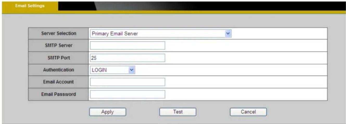 Email Settings Server Selection Primary Email Server SMTP Server SMTP Port 25 Authentication LOGIN Email Account Email Password Apply Test Cancel