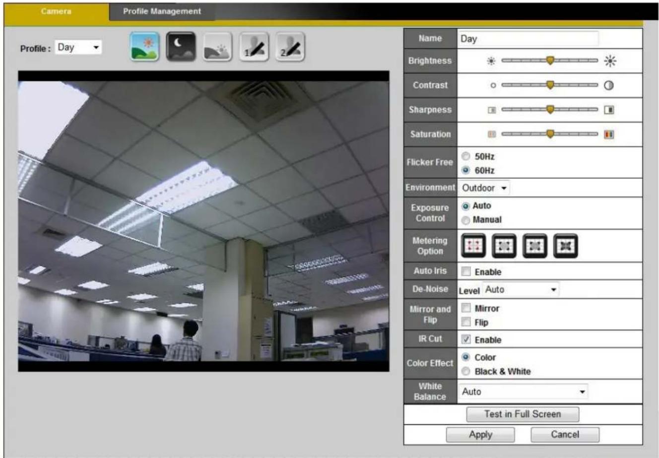 Camera Profile Management Profile : Day Name Day Brightness Contrast Sharpness Saturation Flicker Free 50Hz 60Hz Environment Outdoor Exposure Control Auto Manual Metering Option Auto Iris Enable De-Noise Level Auto Mirror and Flip Mirror Flip IR Cut Enable Color Effect Color Black & White White Bala…