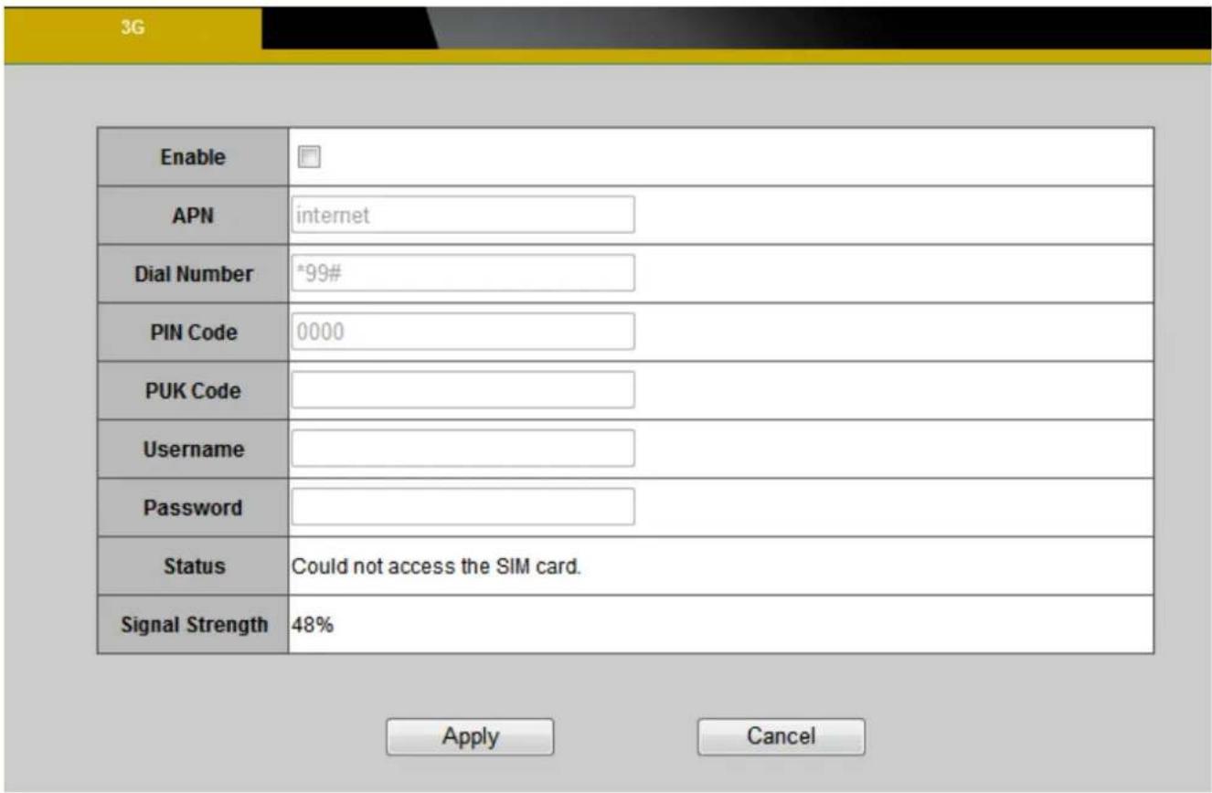 3G Enable APN internet Dial Number *99# PIN Code 0000 PUK Code Username Password Status Could not access the SIM card. Signal Strength 48% Apply Cancel