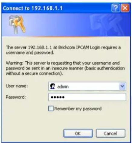 Connect to 192.168.1.1 The server 192.168.1.1 at Brickcom IPCAM Login requires a username and password. Warning: This server is requesting that your username and password be sent in an insecure manner (basic authentication without a secure connection). User name: admin Password: •••••• Remember my p…