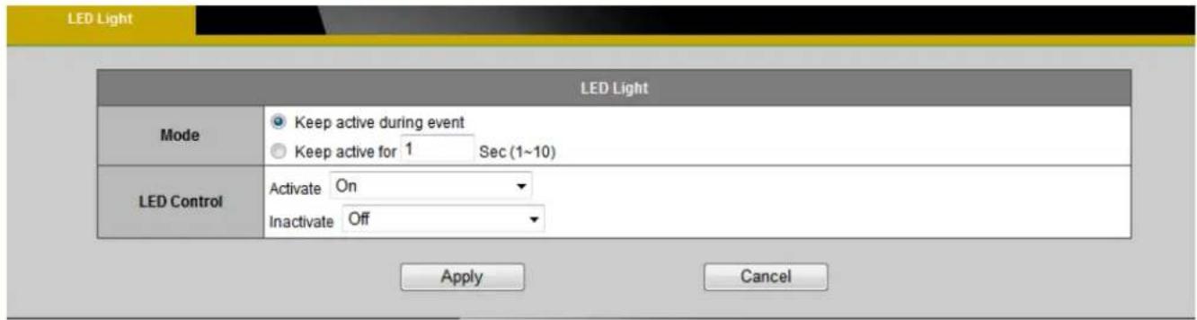 LED Light Mode Keep active during event Keep active for 1 Sec (1~10) LED Control Activate On Inactivate Off Apply Cancel