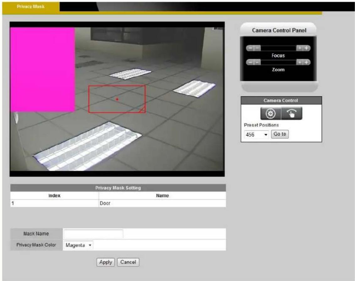 Privacy Mask Camera Control Panel Focus Zoom Camera Control Preset Positions 456 Go to Privacy Mask Setting Index Name 1 Docr Mask Name Privacy Mask Color Magenta Apply Cancel