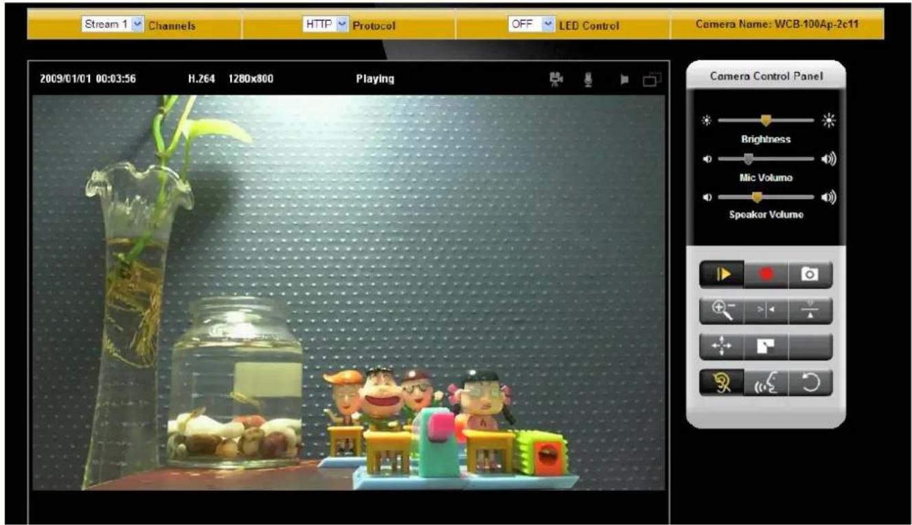 Stream 1 Channels HTTP Protocol OFF LED Control Camera Name: WCB-100Ap-2c11 2009/01/01 00:03:56 H.264 1280x800 Playing Camera Control Panel Brightness Mic Volume Speaker Volume