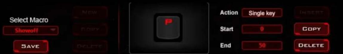 Select Macro Showoff SAVE NEW COPY DELETE Action Single key INSERT Start 0 COPY End 50 DELETE