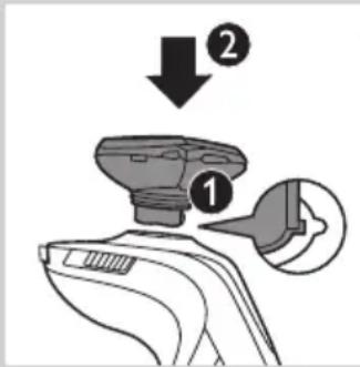 Diagram showing a device with labeled parts and directional arrows, including numbered annotations ① and ②.