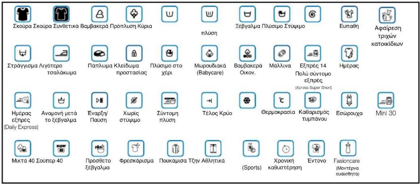 Σκούρα Σκούρα Συνθετικά Βαμβακερά Πρόπλυση Κύρια πλύση Ξέβγαλμα Πλύσιμο Στύψιμο Ευπαθη Αφαίρεση τριχών κατοικίδιων Στράγγισμα Λιγότερο τσαλάκωμα Παπλωμα Κλειδωμα προστασίας Πλύσιμο στο χέρι Μωρουδιακά (Babycare) Βαμβακερά Οικον. Μαλλινα Εξηρές 14 Πολύ σύντομο εξηρές (Hμέρας εξηρές (Daily Express) Ημ…