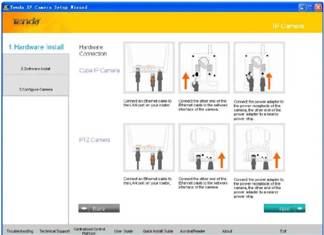 Tenda IP Camera Setup Wizard Tenda IP Camera 1.Hardware Install 2.Software Install 3.Configure Camera Hardware Connection Cube IP Camera PTZ Camera Back Next Troubleshooting Technical Support Centralized Control Platform User Guide Quick Install Guide AcrobatReader About Exit