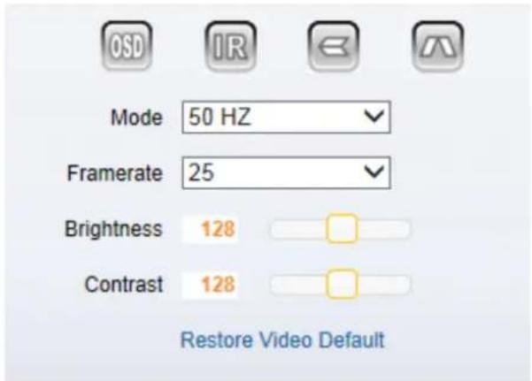 Mode 50 Hz Framerate 25 Brightness 128 Contrast 128 Restore Video Default