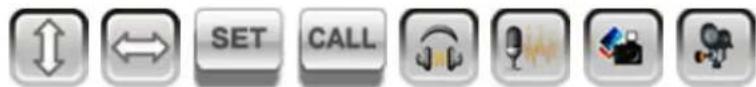 Row of eight gray square icons with white text labels: bidirectional arrow, double-headed arrow, SET, CALL, headset, microphone, photo, and camera.