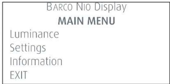 BARCO NIO Display MAIN MENU Luminance Settings Information EXIT