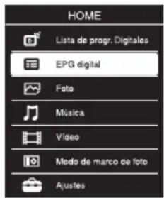 HOME Lista de progr. Digitales EPG digital Foto Música Video Modo de marco de foto Ajustes