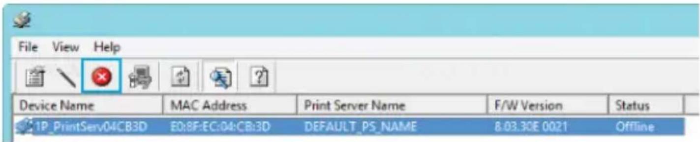 File View Help Device Name MAC Address Print Server Name F/W Version Status 1P_PrintServ04CB3D E0:8F:EC:04:CB:3D DEFAULT_PS_NAME 8.03.30E 0021 Offline