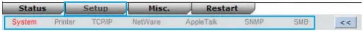 Status Setup Misc. Restart System Printer TCP/IP NetWare AppleTalk SNMP SMB <<
