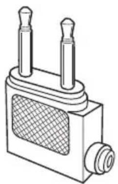 Technical line drawing of a mechanical component with two protruding pins and a textured base (no text or symbols)