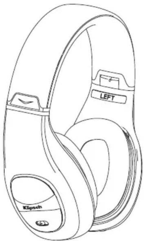 Line drawing of a Klipsch ear device with no text or symbols on the body itself