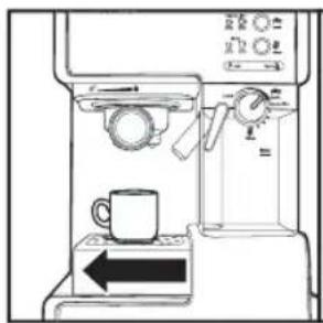 Line drawing of a coffee machine with a cup, side table, and control panel (no text or symbols)