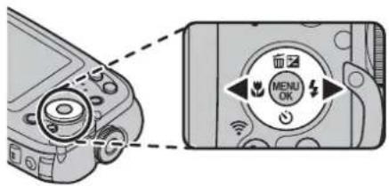 Diagram showing camera mode dial with 'MENU OK' button and navigation icons, alongside a close-up of the device's screen.
