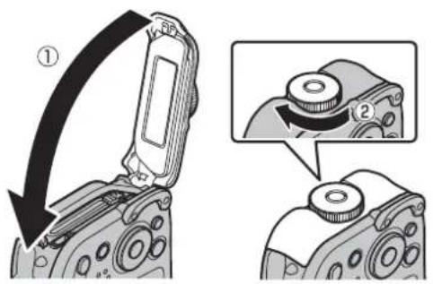 Diagram illustrating camera adjustment steps with labeled parts and directional arrows