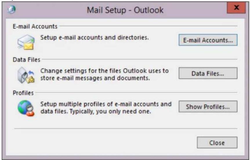 Mail Setup - Outlook E-mail Accounts Setup e-mail accounts and directories. E-mail Accounts... Data Files Change settings for the files Outlook uses to store e-mail messages and documents. Data Files... Profiles Setup multiple profiles of e-mail accounts and data files. Typically, you only need one. Show Profiles... Close