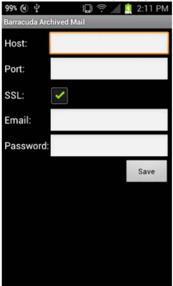 Barracuda Archived Mail Host: Port: SSL: Email: Password: Save
