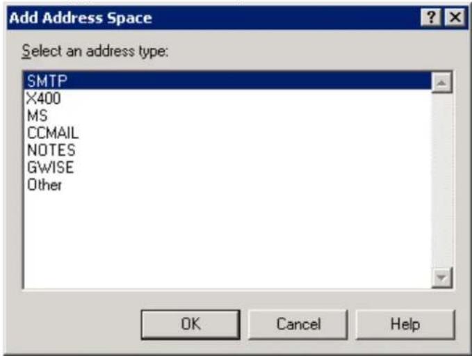 Add Address Space Select an address type: SMTP X400 MS CCMAIL NOTES GWISE Other OK Cancel Help